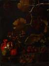 Still life with grapes, apples, chestnuts, almonds, acorns and a red clay bottle