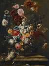 A Still Life Of Flowers In An Urn On A Marble Ledge With A Bird