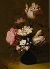 Still Life With Tulips, Peonies, Anemones, Hyacinths And Other Flowers In A Glass Vase On A Stone Ledge