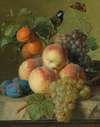 Still life of peaches, grapes and plums on a stone ledge with a bird and a butterfly