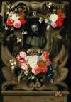 A garland of flowers surrounding a cartouche with a bust of Christ