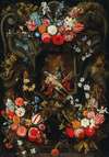 A garland of flowers surrounding a cartouche with a Pietà