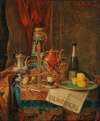 An Opulent Still Life with a Champagne Glass and a Majolica Ewer