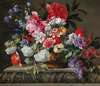A still life with roses, tulips, anemones, sprigs of lilac, viburnums and shrubs