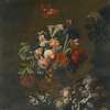 Still Life Of Roses, Variegated Tulips, Peonies And Other Flowers In A Sculpted Vase, Together With Grapes And A Macaw