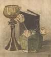 Stilleven met boek, wijnglas en lampionplant in gemberpot