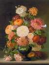 Red, orange, white, and pink flowers in a black vase