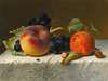 Still life with peach, apricot, grapes and hazelnuts on a tablecloth