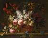 Still life of pink roses, tulips, hyacinths, jasmine and other flowers loosely arranged in a wicker basket, all upon a stone ledge
