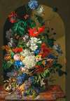 A large bouquet of flowers with a bird’s nest, butterflies and grapes