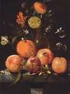 Still life with plums, an orange, a cabbage white butterfly and flowers in a glass vase on a stone ledge