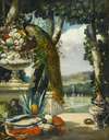 Still life with peacock, flowers, fruit and japanese vase, an extensive park landscape beyond