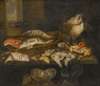A Still Life With Salmon, Plaice, A Crab And Other Fish Arranged On A Table, A View Of The Sea Beyond