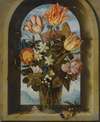 Still Life Of Tulips, Moss-Roses, Lily-Of-The-Valley And Other Flowers In A Glass Beaker Set In An Arched Stone Window Opening,