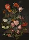 A Still Life With Parrot Tulips, Poppies, Roses, Snow Balls, And Other Flowers In A Glass Vase Over A Stone Ledge