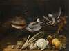 A Still Life Of Song Birds, A Peacock And Rabbits On A Ledge With A Pumpkin, A Cabbage, A Cauliflower, Celery, Mushrooms And Grapes