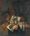 A Vanitas Still Life With A Skull, A Shield, An Hour Glass, Books And Papers On A Tabletop
