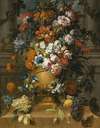 Flowers In An Urn With Fruit On A Pedestal