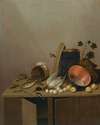 Still Life With A Dead Duck, Fish, Pears, Eggs, A Copper Pot And Other Objects, All Arranged On A Kitchen Cabinet