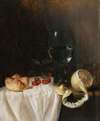A Still Life With A Roemer, A Peeled Lemon, Cherries And A Bread Roll On A Partly-Draped Table