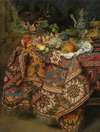 Still Life With Fruit, Gold And Silver Vessels And A Squirrel, All On A Table Covered By A Persian Rug