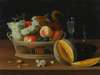 Still Life With A Basket Of Fruit And A Squirrel, Glasses, And A Cut Melon On A Tabletop