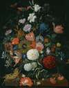 Still Life Of Flowers In A Vase On A Stone Ledge With A Corn Cob And A Snail