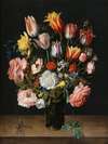 A Still Life Of Tulips, Roses, Bluebells, Daffodils, A Peony And Other Flowers In A Glass Roemer On A Wooden Ledge With A Dragonfly