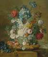 Still Life Of Peonies, Primroses, Irises, Tulips, A Poppy And Other Flowers With Grapes, A Melon, A Pomegranate, Peaches, Plums And Nuts