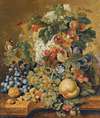 A Still Life With A Basket Of Fruit, Nuts And Flowers On A Stone Ledge