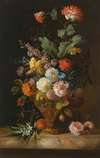 A Still Life Of Roses And Other Flowers In A Metal Vase On A Marble Ledge