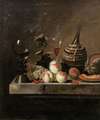 Still Life With Fruit, A Wine Flask In A Basket And A Large Roemer