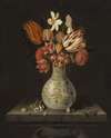 Still Life With Tulips, Crocuses, Primroses And Other Flowers In A Vase On A Stone Plinth With Shells