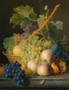 A Still Life With Grapes And Peaches In A Basket, An Open Pomegranate, Plums, Black Grapes And More Peaches, All On A Marble Ledge