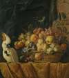 A Still Life Of Figs, Grapes, Apples And Other Fruit On A Table With A Parrot