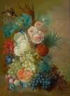 Still Life Of Peonies, A Cock’s Comb And Morning Glories With A Pineapple, Ear Of Corn, Melons, Grapes, Plums And Raspberries