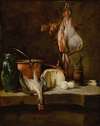 Still Life with a ray-fish, a basket of onions, eggs, cheese, a green jug and a copper pot