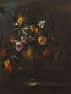 A Still Life Of Roses, Tulips And Other Flowers In A Bronze Vase On A Stone Ledge
