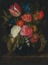 Still Life Of Roses, Carnations, A Tulip And Other Flowers In A Glass Vase