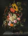 Still Life Of Roses, Carnations, Marigolds And Other Flowers With A Sunflower And Striped Grass