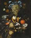 A Still Life Of Blue And White Grapes, Walnuts, A Half-Peeled Lemon And Blackberries In A Wan-Li Porcelain Bowl