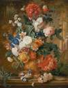 Peonies, Roses, Carnations, An Iris, Anemones, Auricula And Other Flowers In A Terracotta Vase