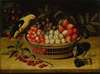 Still life with cherries, plums, raspberries and other fruits in a basket, with a yellow bird