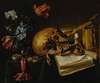 A still life with a skull, a music book, a snuffed-out candle, a bouquet of dying flowers and other vanitas objects on a table