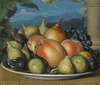 A Still Life With Figs, Peaches, A Pear And Black Grapes On A White Dish, An Extensive Landscape Beyond