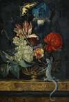 A Still Life With Tulips And Other Flowers In A Vase On A Marble Ledge, With A Lizard And A Butterfly