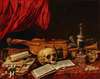 Musical instruments, books, an hourglass, a ewer and a skull on a table – a vanitas