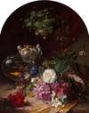 Still life with flowers, a porcelain vase, and a goldfish bowl
