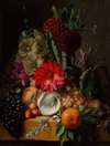 Still life with flowers and fruit on a ledge
