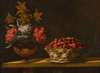 Still life with a vase of flowers and a basket of strawberries on a table top